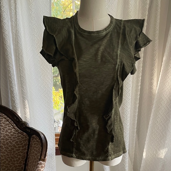 Veronica Beard Bea Jeans Dark Green Ruffled Sleeve Top Small EUC - Picture 2 of 10